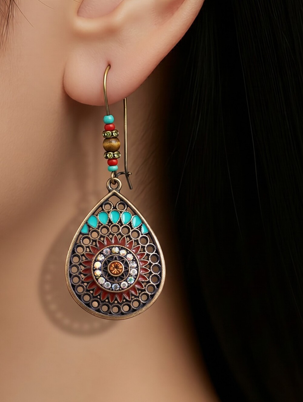 Boho Copper Cut out Teardrop Mandala Dangle Drop Earrings Ethnic Tribal Jewelry